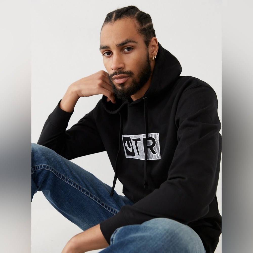 True Religion Men's Embroidered TR Box Logo Pullover Hoodie Sweatshirt